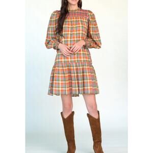 Olivia James Lucy Dress SZ M Autumn Plaid Orange, Yellow, Blue Western County